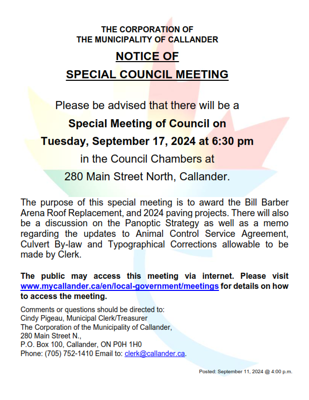 NOTICE OF SPECIAL COUNCIL MEETING